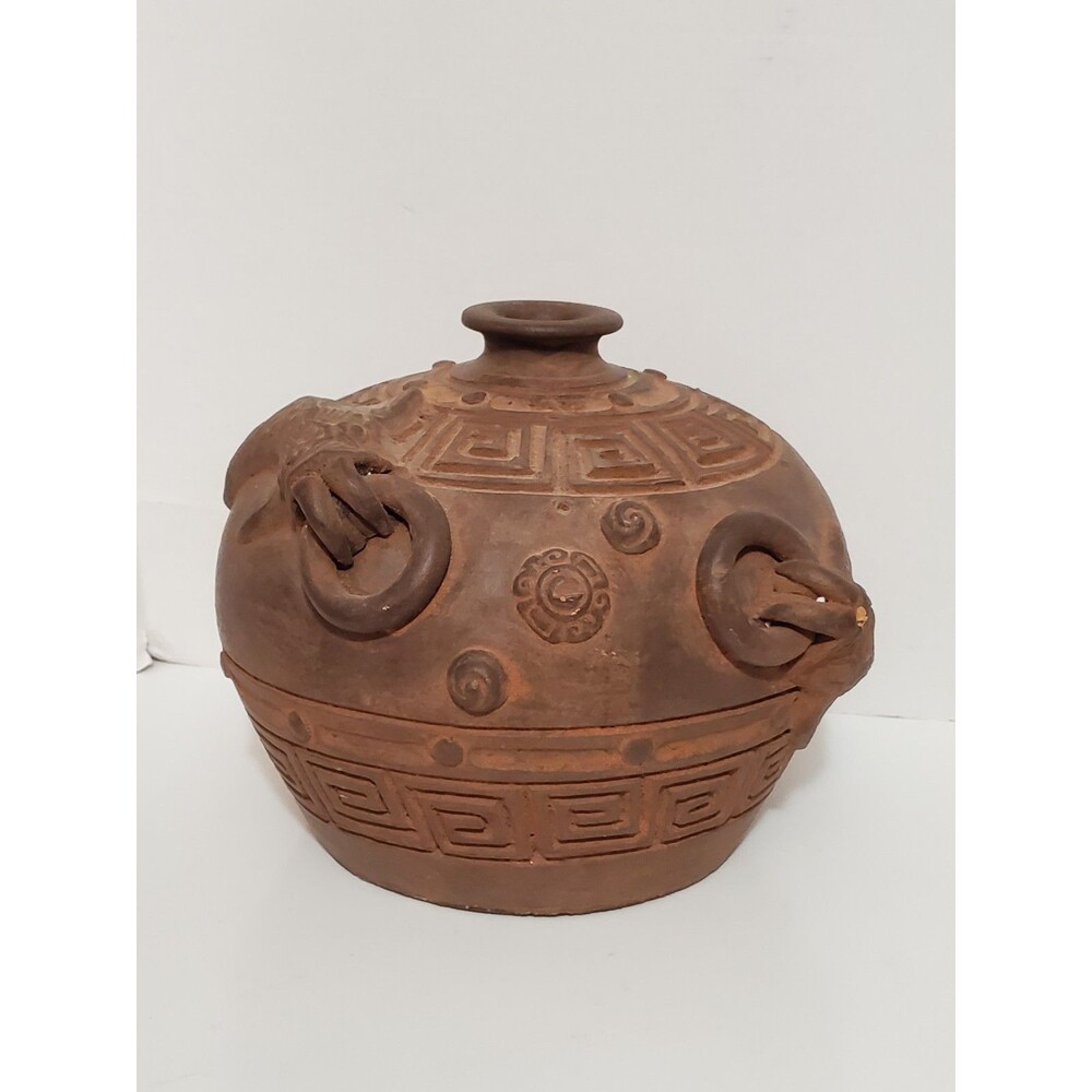 Chinese Terracotta Fish Vessel Jar Greek Key Clay Pot Vase Planter Earthenware